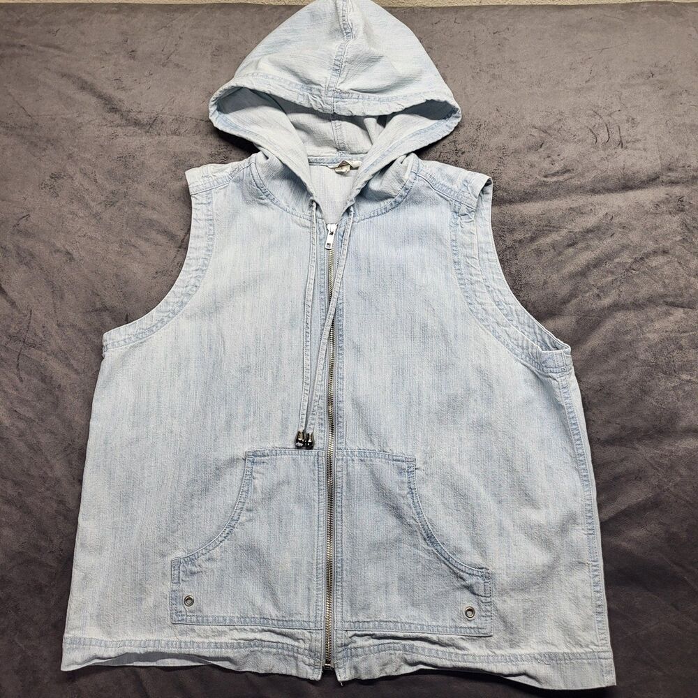 Womens Sleeveless Denim Jacket Hooded LG Lightwash Full Zip Lightweight Soft